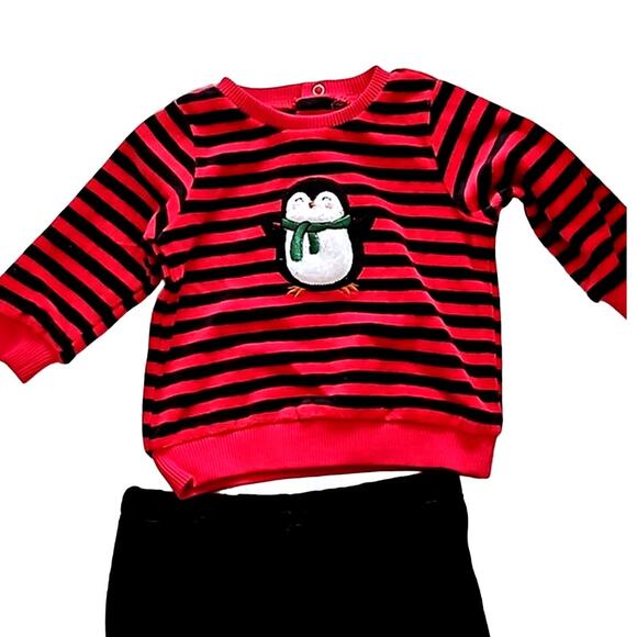 Little Me Boys 2-Piece Red & Black Penguin Striped Set – Size 6 Months - Picture 3 of 6